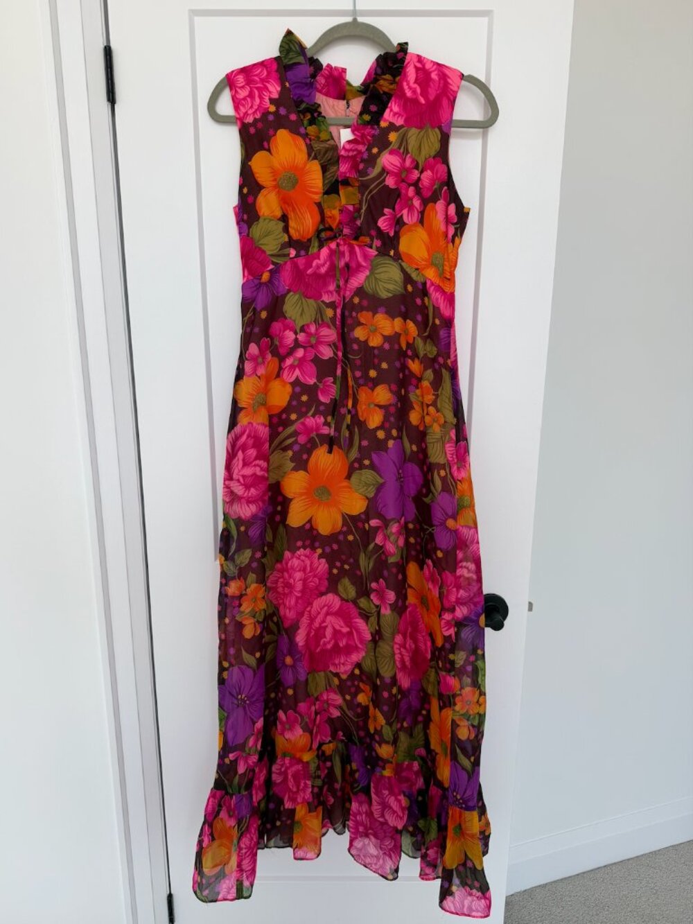 1960's Vintage Maxi Dress With Vibrant Colours And Ruffled Neckline Size M